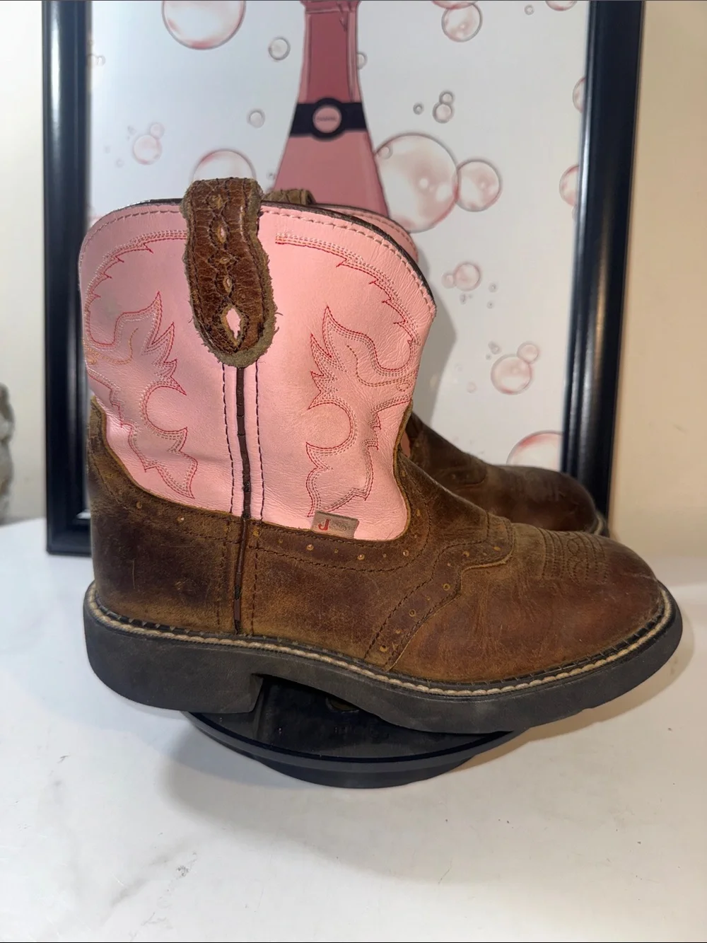 Justin Gypsy Girls Pink Shaft Brown Leather Western Cowboy Boots - Size 3D